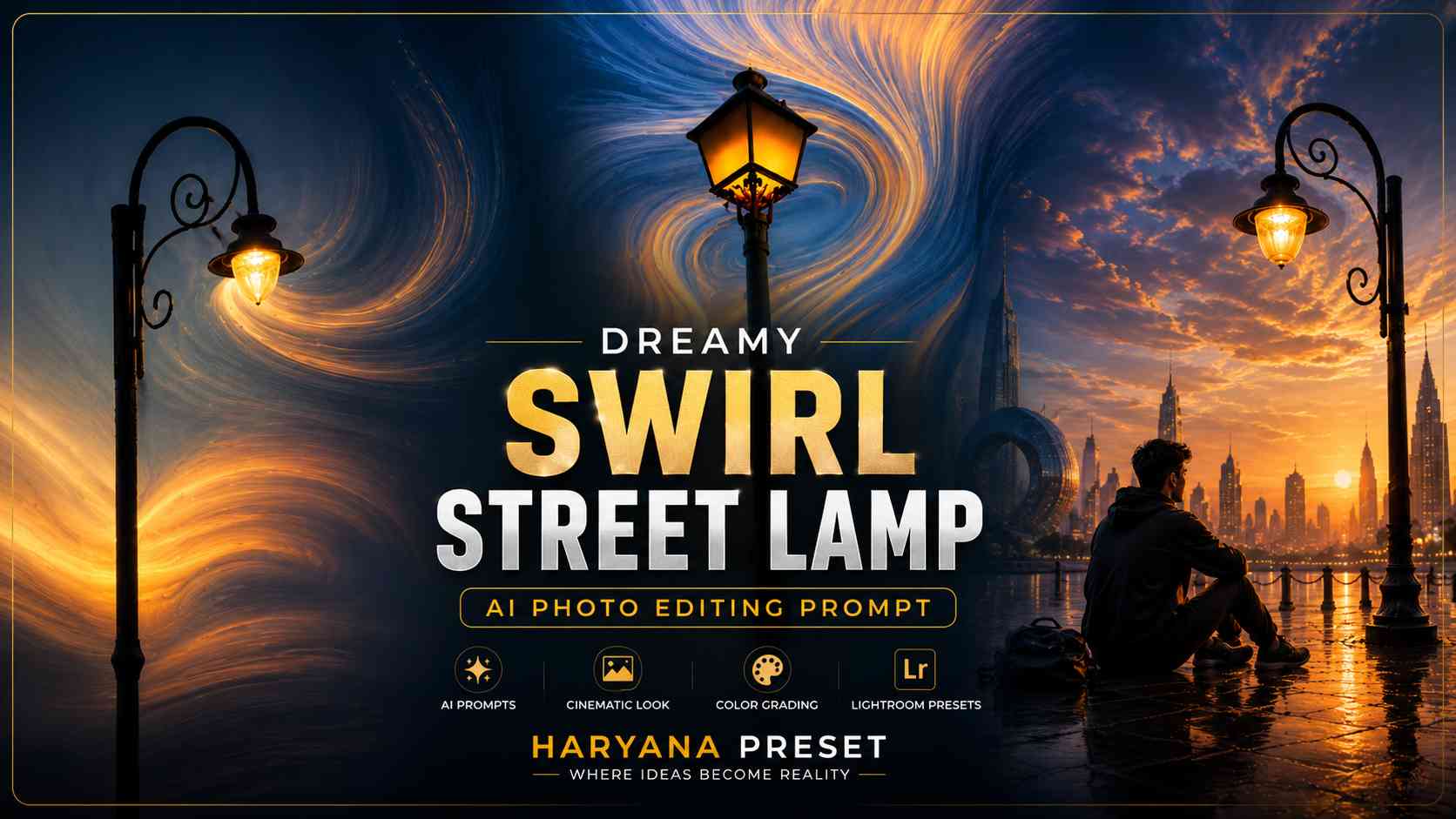 Dreamy Swirl Street Lamp AI Photo Editing Prompt with cinematic swirling clouds and glowing street lamps by Haryana Preset.