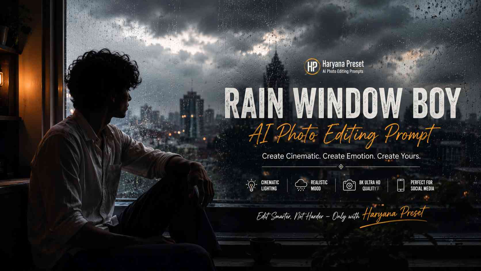 Rain Window Boy AI Photo Editing Prompt by Haryana Preset – cinematic rainy window portrait