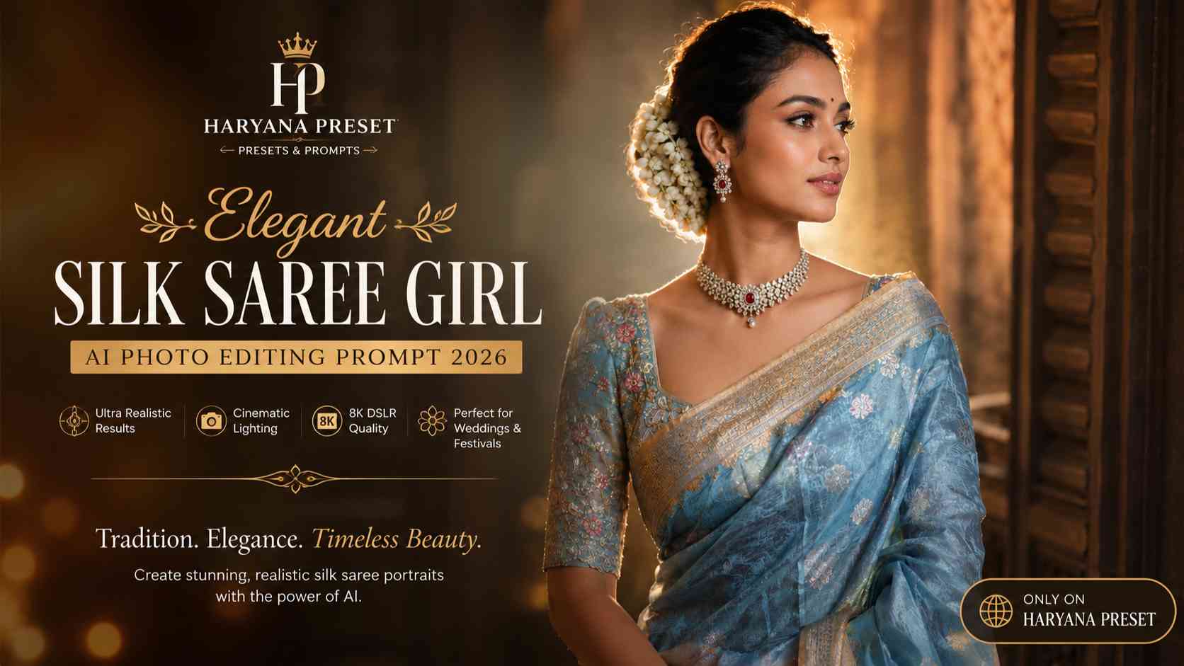 Elegant Silk Saree Girl AI Photo Editing Prompt 2026 with cinematic lighting by Haryana Preset