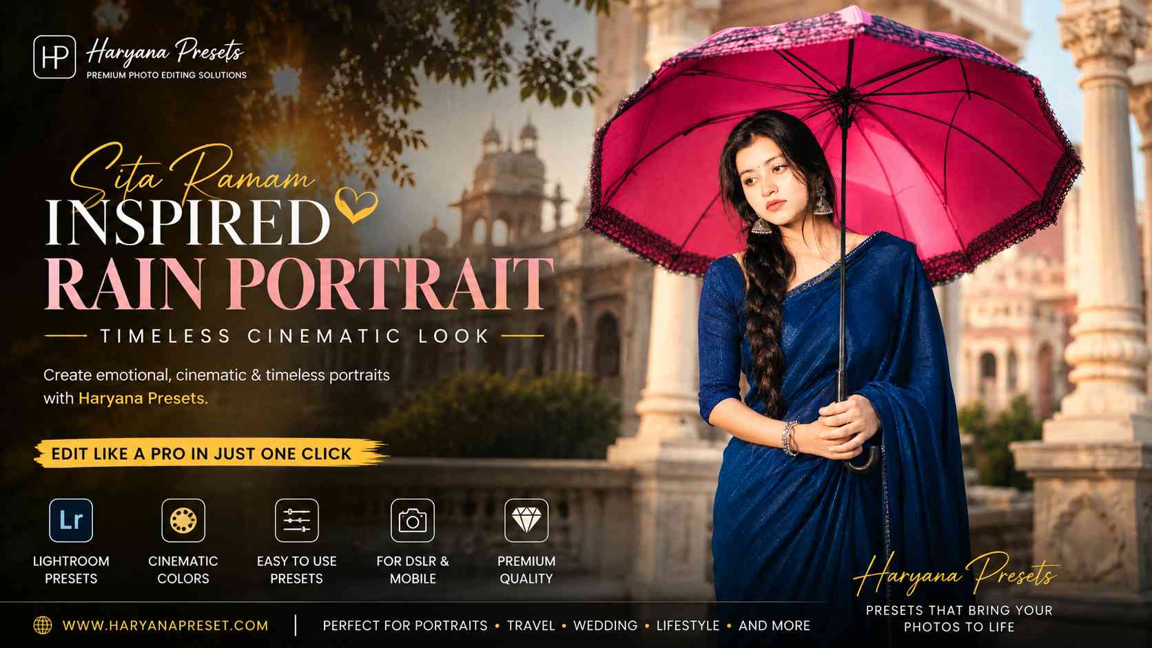 Haryana Presets Sita Ramam inspired rain portrait photography cinematic photo editing guide